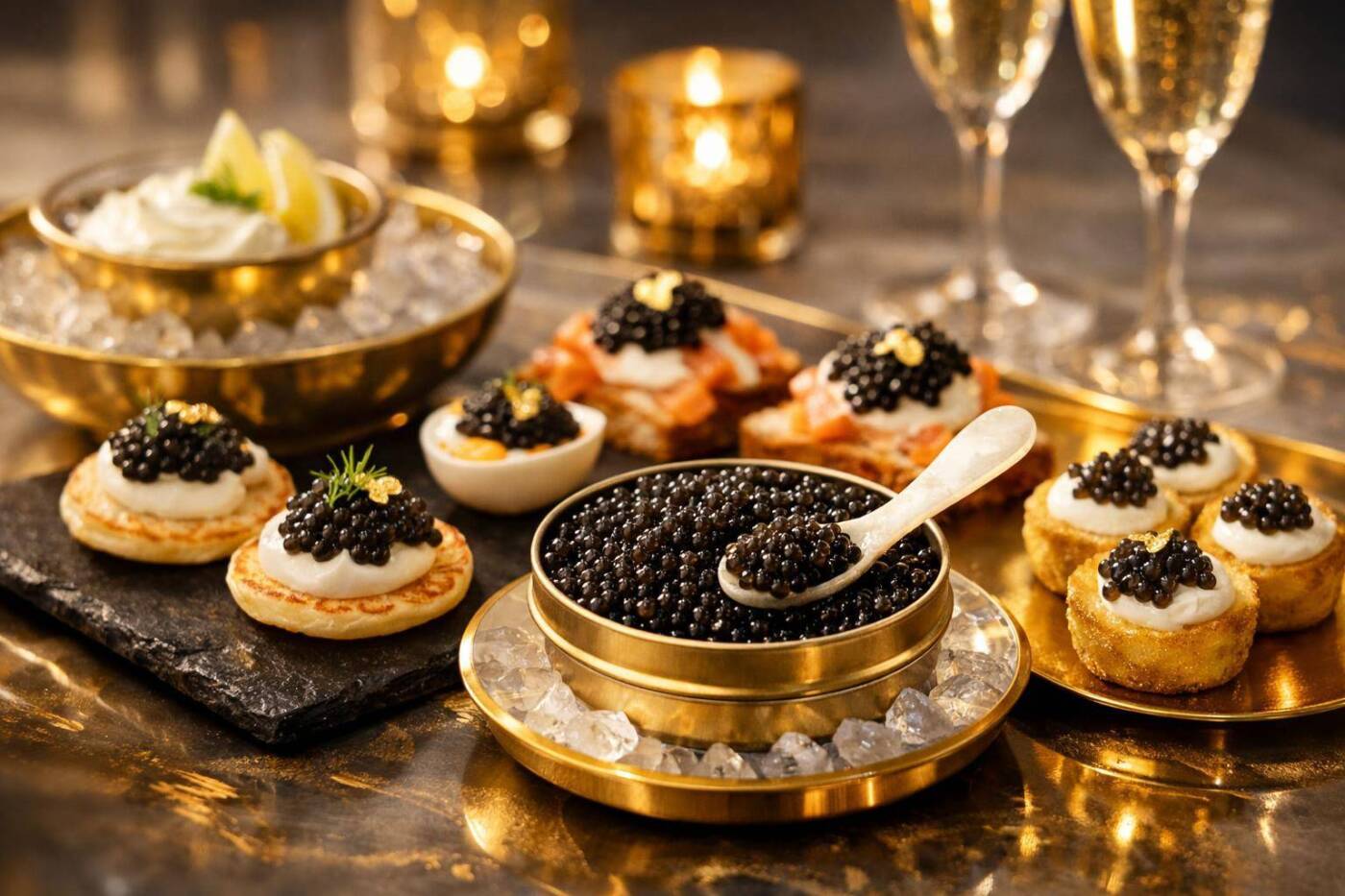 Elegante Kaviar-Häppchen auf einem stilvollen Servierteller für Apéro und Dinner.