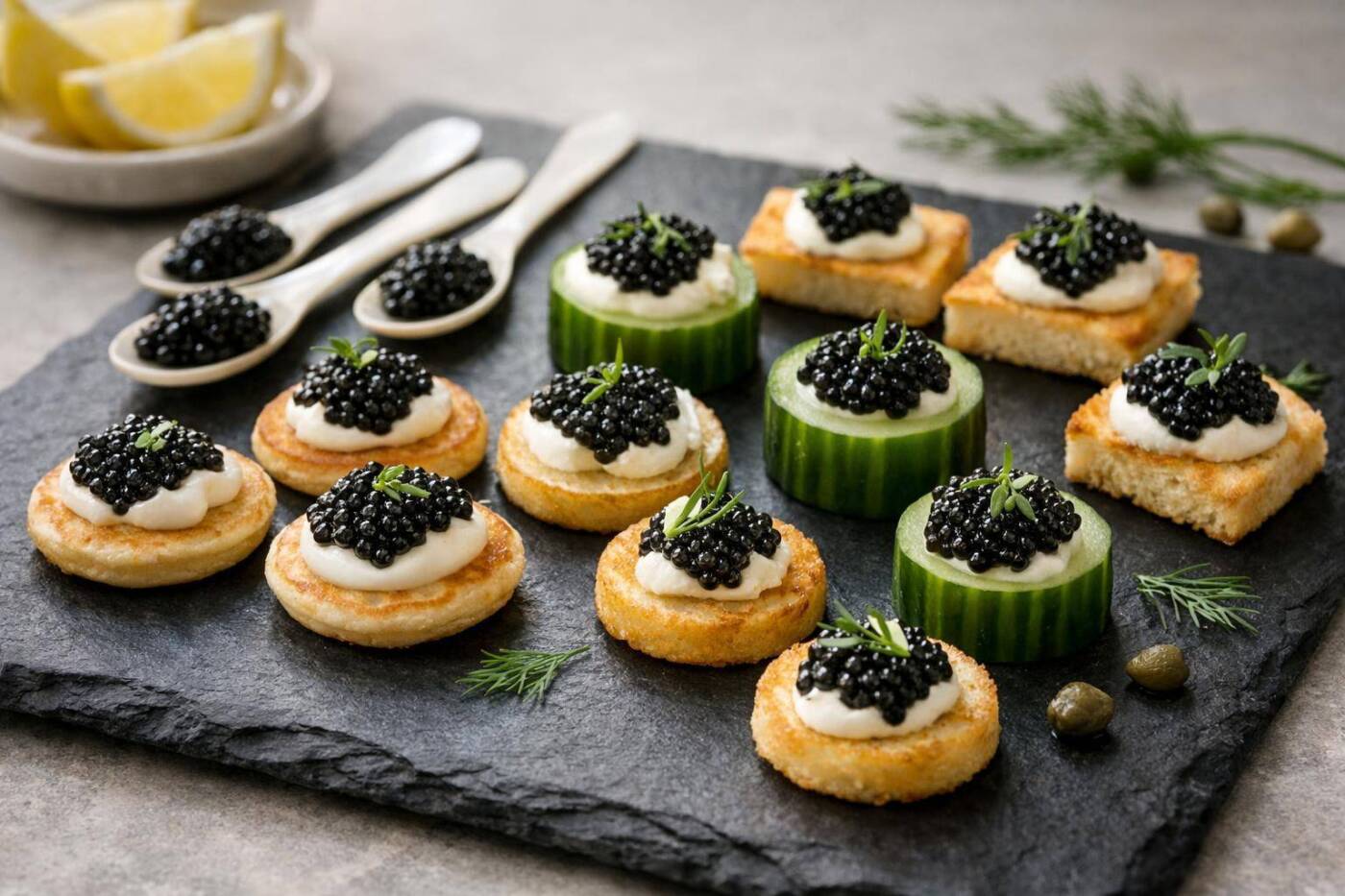 Kaviar Häppchen wirken besonders elegant, wenn sie mit einfachen, harmonischen Zutaten kombiniert werden.